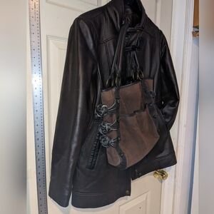 BGSD & BRACIANO Luxury Womens Dk Brown Lambskin Leather Coat & Purse sz LG MustC